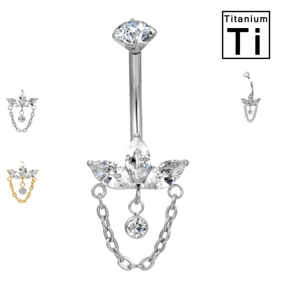 PWD-044 Piercing de ombligo de titanio con forma de plátano, cristales y cadena