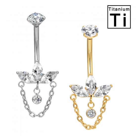 PWD-044 Piercing de ombligo de titanio con forma de plátano, cristales y cadena