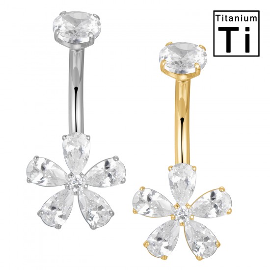 PWD-040 Piercing de ombligo de titanio con forma de banana, cristales y estrella