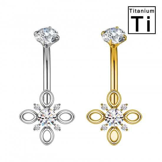 PWD-080 Titanium Flower Banana Navel Piercing with Crystals