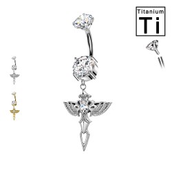 PWD-081 Piercing Banana Ombelico con Ciondolo Croce Alata e Cristalli