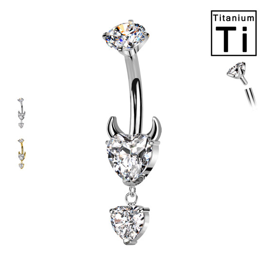 Piercing Ombelico in Titanio con Cuore Diavolo e Cristalli Pendenti