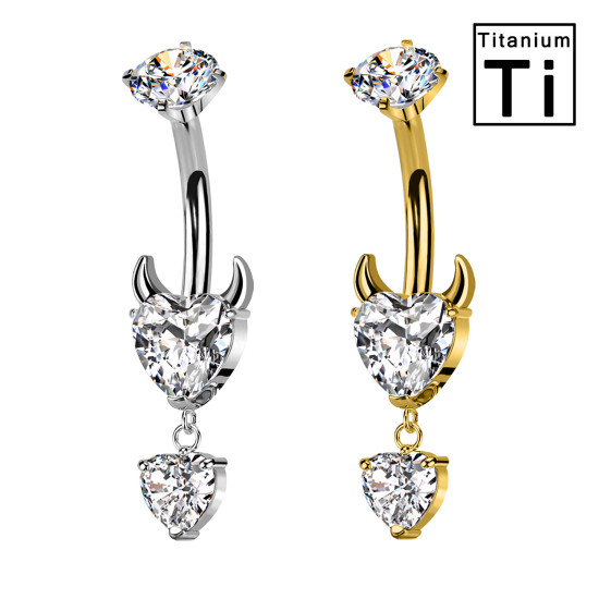 Piercing Ombelico in Titanio con Cuore Diavolo e Cristalli Pendenti
