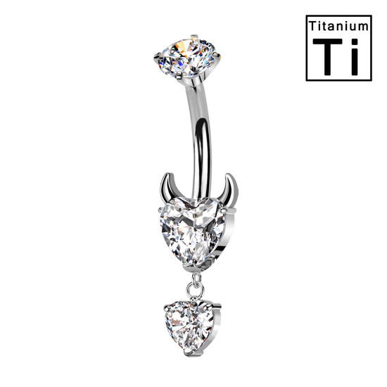 Piercing Ombelico in Titanio con Cuore Diavolo e Cristalli Pendenti