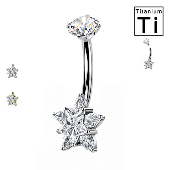 Piercing Ombelico in Titanio con Stella su Fiore di Cristalli
