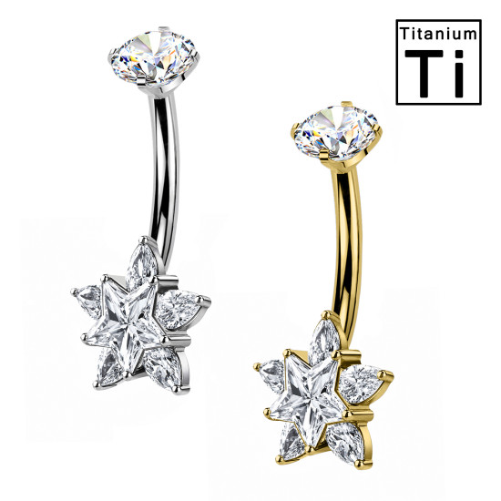 Piercing Ombelico in Titanio con Stella su Fiore di Cristalli