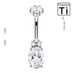 Piercing Ombelico in Titanio con Cristallo Ovale e Trio di Zirconi Piercing Ombelico in Titanio con Cristallo Ovale e Trio di Zirconi