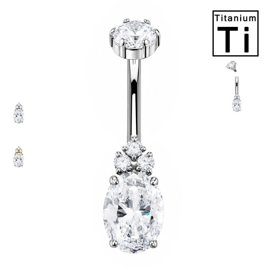 Piercing Ombelico in Titanio con Cristallo Ovale e Trio di Zirconi