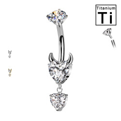 Piercing Ombelico in Titanio con Cuore Diavolo e Cristalli Pendenti Piercing Ombelico in Titanio con Cuore Diavolo e Cristalli Pendenti