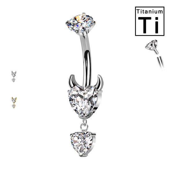 Piercing Ombelico in Titanio con Cuore Diavolo e Cristalli Pendenti