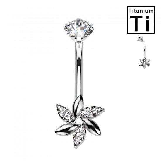 PWM-007 Piercing Plátano Ceja Forma Flor con Cristales con Rosca Interna de Titanio