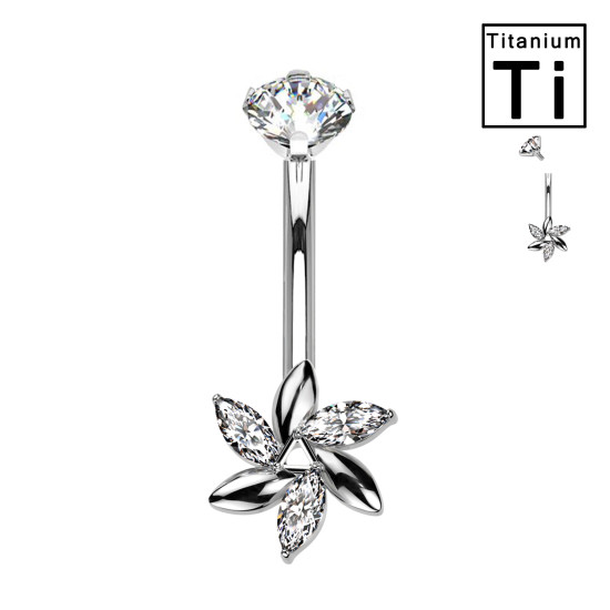 PWM-007 Piercing Banane Sourcil Forme Fleur avec Cristaux avec Filetage Interne en Titane