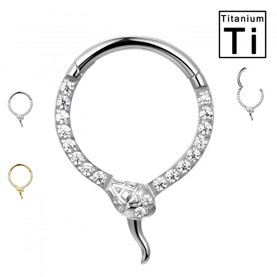 PWY-144 Piercing Cerchio Clicker in Titanio con Serpente Intrecciato e Cristalli