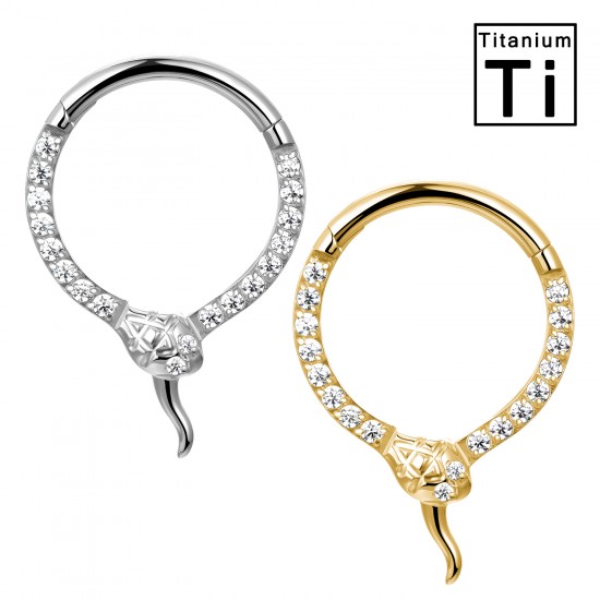 PWY-144 Piercing Cerchio Clicker in Titanio con Serpente Intrecciato e Cristalli